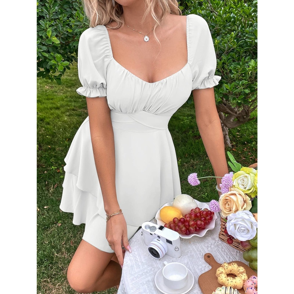 Sweetheart Neck Short Puff Sleeve Layered Hem Mini Dress light blue - Picture 3 of 11